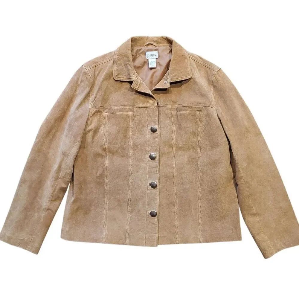 Chico's Jacket Women's Large Tan Suede Leather Silver Button Pieced Western
